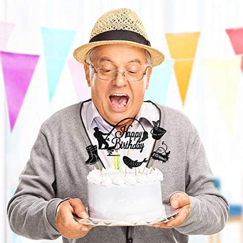 41 Pieces Gone Fishing Cupcake Topper Happy Birthday Cake Topper Fisherman Cake Decoration Fish Topper Picks Glitter for Men Boy Birthday Fishing Theme Party Supplies (Black)