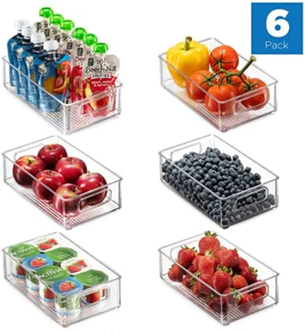 Set of 6 Refrigerator Organizer Clear Plastic Pantry Different Sizes Fridge Storage Bins with Cutout Handles Large BPA- Free Freezer Shelves Container For Kitchen Bathroom Drawers Cabinets