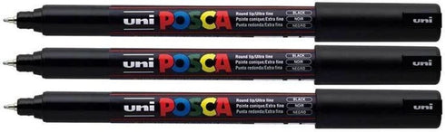 Uni Posca PC-1MR Black Colour Paint Marker Pens Ultra Fine 0.7mm Calibre Tip Nib Writes On Any Surface Glass Metal Wood Plastic Fabric (Pack of 3)