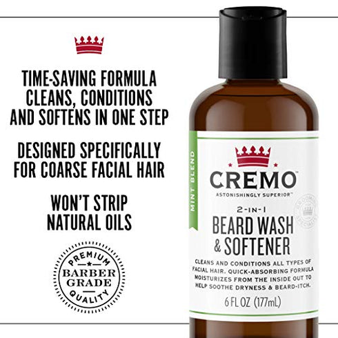 Cremo 2-in-1 Mint Blend Beard Wash & Softener, Cleans and Conditions All Lengths of Facial Hair, 6 Oz.