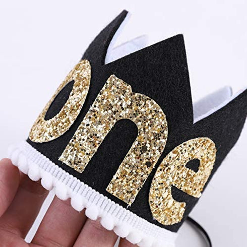 WAOUH Mr Onederful Hat for 1st Birthday - First Birthday Decoration for Baby's, Cake Smash Photo Prop, Glitter Crown for Girl or Boy (Black Golden Crown Hat)