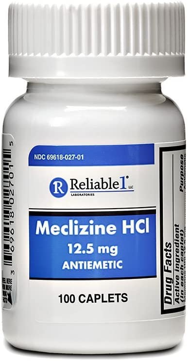 RELIABLE 1 LABORATORIES Meclizine HCL 12.5 mg Caplets - Prevent nausea, vomiting, and dizziness caused by motion sickness (100 Caplets, 1 Bottle)