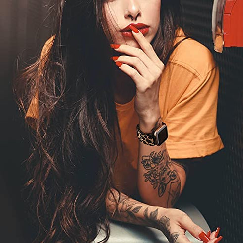 2 Pack Elastic Bands Compatible with Fitbit Versa 2 / Versa/Versa Lite/Versa SE for Women Men, Adjustable Nylon Sport Stretchy Wristband for Fitbit Versa/Versa 2 (Black+Leopard)