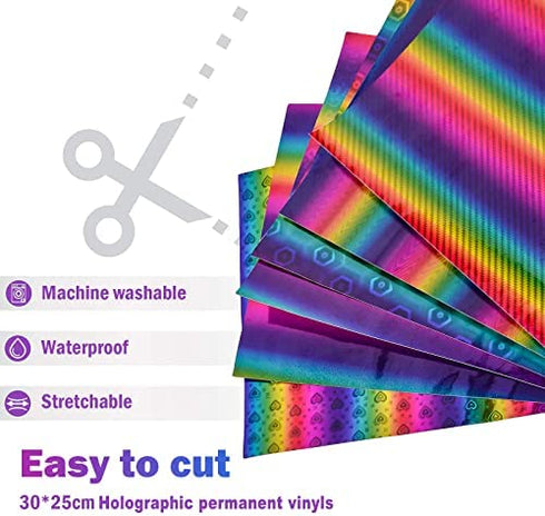 Holographic Rainbow Adhesive Vinyl Roll 6 Sheets 12" x 10" Metallic Glitter Permanent Craft Vinyl Sheets Strips Adhesive Printed Vinyl for DIY Gifts Signs Crafts Easy to Cut & Weed