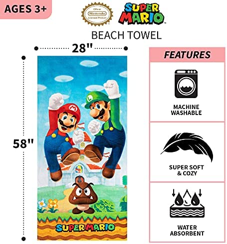 Super Mario "Official Nintendo" Kids Super Soft Cotton Bath/Pool/Beach Towel, 58 in x 28 in, By Franco
