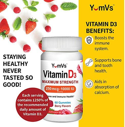 Vitamin D3 10000 IU Maximum Strength Gummies for Adults by YumVs | Vitamin D 5000 iu per Gummy | 250 mcg – Vitamin D per Serving | Kosher Vegetarian Chewables Berry Flavor - 60 Count