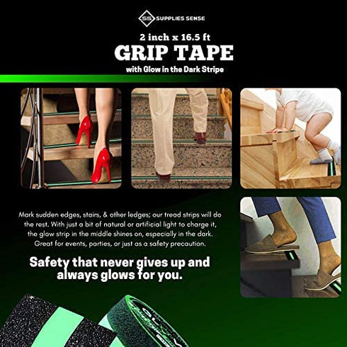 Anti-Slip Grip Tape Strips 2"x16.5ft, Non-Slip Traction Tape, Weatherproof Safety Adhesive Grip Treads with Glow in the Dark Strip, In/Outdoor Abrasive Tape for Stairs, Non-Skid Steps - Supplies Sense