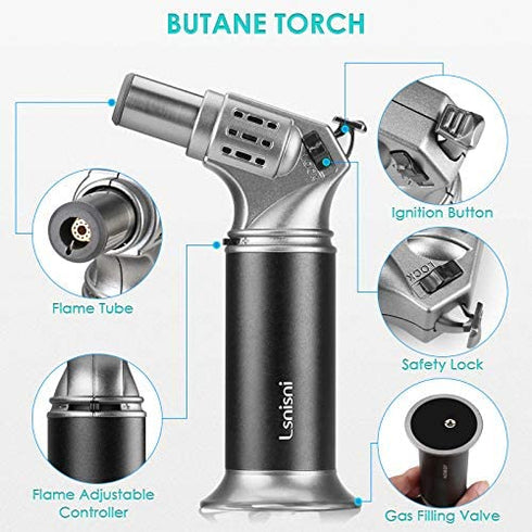 Kitchen Butane Torch, Refillable Culinary Butane Torch Lighter for Desserts, Creme Brulee, BBQ and Baking,Mini Blow Torch Lighter with Safety Lock and Adjustable Flame (Butane Gas Not Included)