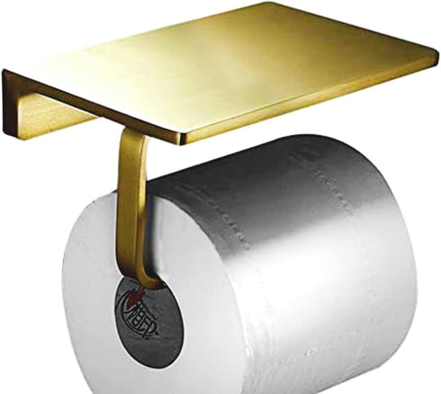 BATHSIR Toilet Paper Holder with Shelf, Brushed Gold Toilet Roll Holder Wall Mount Bathroom Phone Storage Tissue Hanger Stainless Steel