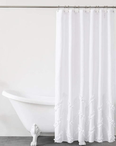 Felisa White Shower Curtain with Zig-zag Stripes of Ruffled Trim,Farmhouse Chic Fabric Shower Curtain for Bathroom,Machine Washable,72"x72"