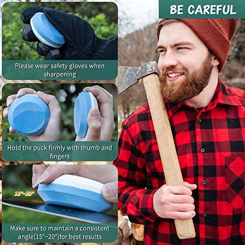 4 Axe Sharpener Tools with Sheath, Multipurpose Axe Sharpener Stone Axe Dual Grit Sharpener Puck Camping Hatchet Sharpening Stone Disk in Black and Blue for Dull Axe Sharpening (Diameter 7.7 cm)