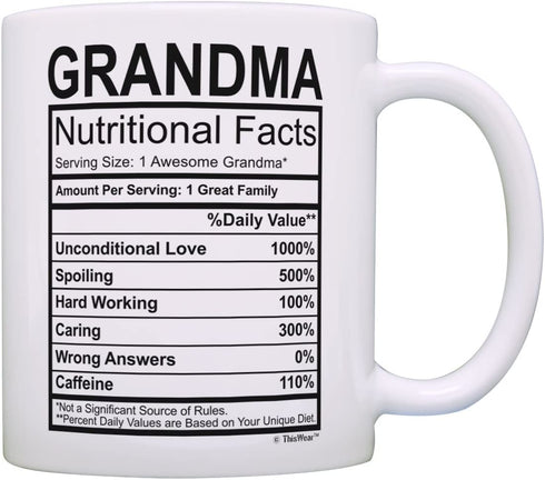 Mothers Day Gifts for Grandma Nutritional Facts Label Funny Gifts for Grandma Gag Gift Coffee Mug Tea Cup White