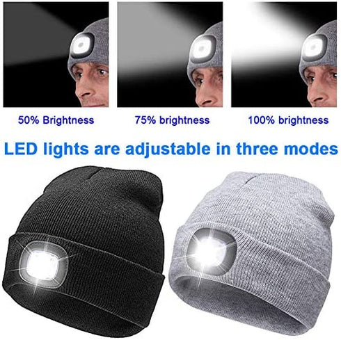 LED Lighted Beanie Cap, Rechargeable 4 LED Head Lamp Hat, Winter Warm Cycling Hunting Knitted Hat LED Lighted Cap Led Stocking Caps Hat Cap Hands Free Unisex Lighted Beanie Cap (2 Pack)