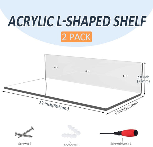 Sezanrpt 12 Inches Clear Small Wall Shelves, Acrylic Bathroom Shelves for Wall, Floating Shelves for Living Room, Funko Pop Shelves, 2 Pack¦