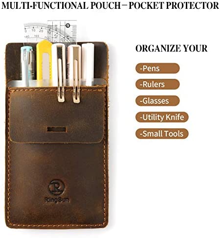 RingSun Pocket Protector for Men, Full Grain Leather Pen Protect Holder for Heavy Duty Shirts, Lab Coats, Holds Pens, Pointers, Cards, Hold 6 Pens, Pocket Protectors for Pens and Pencils