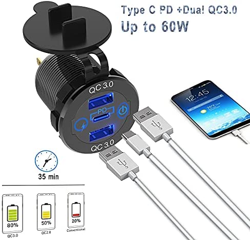 2 Packs PD Type C Car Charger Socket & Dual Quick Charge 3.0 Ports Aluminum, 60W USB C Triple 12V USB Socket Aluminum Car Charger with Touch Switch, Waterproof PD Charge for Car Boat Marine RV
