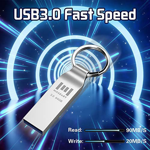 MOSDART USB 3.0 Flash Drive 64GB Metal Keychain Zip Drive Speed Up to 90MB/s Fast Speed USB3.0 Thumb Drive, 64 GB Waterproof Jump Drive Memory Stick,Silver