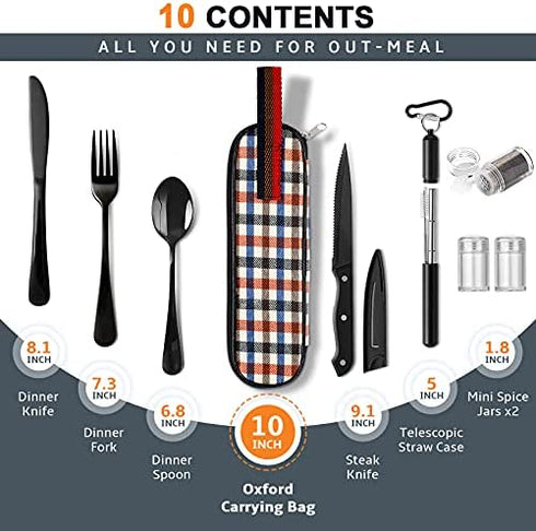Portable Travel Utensils Set, Travel Camping Cutlery Set, Reusable Stainless Steel Flatware Set with Case for Office School Picnic (Black)