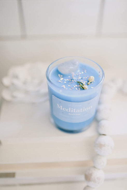 My Lumina Meditation Aromatherapy Candle w/ Clear Quartz Crystal Inside, Beach Sage Relaxing Calming Positive Peace Energy, Soy Wax Blue Scented Candle for Home,Bath,Bathroom,Yoga,Self Care,Gift,Women