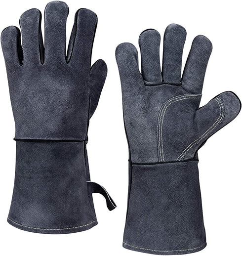 932°F Heat Resistant Leather Forge Welding Gloves Grill BBQ Glove for Tig Welder/Grilling/Barbecue/Oven/Fireplace/Wood Stove - Long Sleeve and Insulated Lining for Men and Women (Gray,14-inch)
