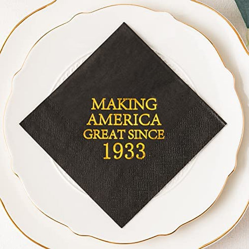Crisky 90th Birthday Disposable Napkins Black and Gold Dessert Beverage Cocktail Cake Napkins 90th Birthday Decoration Party Supplies for Man Making Great Since 1933, 50 Pack 4.9"x4.9" Folded