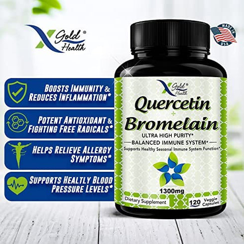 Quercetin 1000mg + Bromelain 300mg per Serving- Quercetin with Bromelain Supplement Complex for Cardiovascular Health, Respiratory System Support, Immune Function & Allergy Support-120 Veggie Capsules