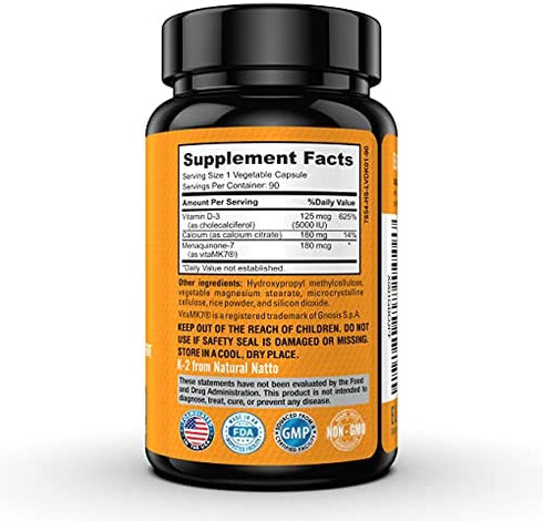 Elite Vitamin D3 K2 MK7 - Support Your Bones, Vitamin D Levels, Heart, and Immune System with Vegan Lichen Vitamin D3 5000 IU and Vitamin K2 MK-7 180 Mcg with Calcium Citrate. 90 Capsules