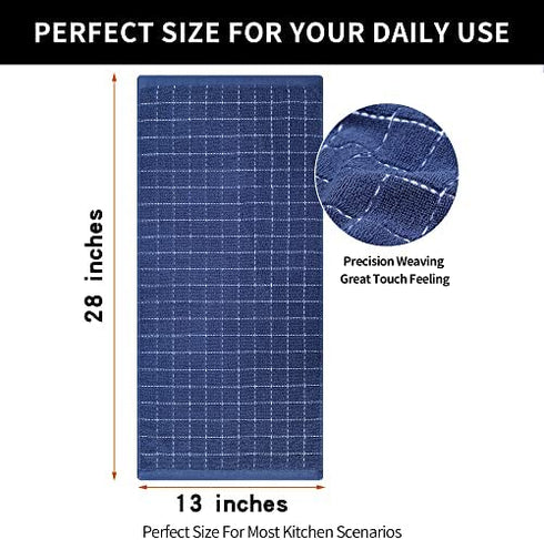 Homaxy 100% Cotton Terry Kitchen Towels(Navy Blue, 13 x 28 inches), Checkered Designed, Soft and Super Absorbent Dish Towels, 4 Pack