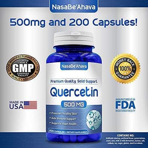 NasaBeahava Pure Quercetin 500mg Supplement - 200 Capsules - Quercetin Dihydrate to Support Cardiovascular Health