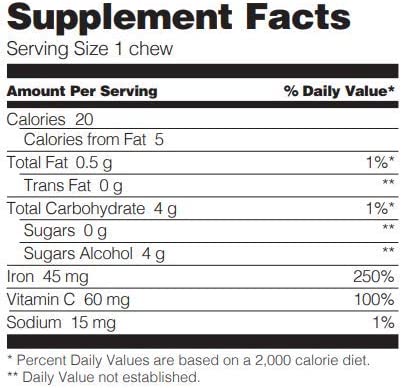 Fusion Lifestyle Iron Supplement for Women and Men, Cherry Flavored Iron Soft Chew Plus Vitamin C for Iron Deficiency and Anemia, 2 Month Supply, 60 Count