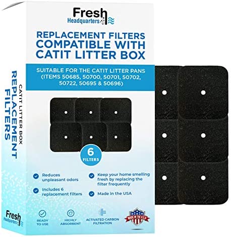 FRESH HEADQUARTERS Replacement Filters Compatible with Catit Hooded Litter Box – Pre-Cut Activated Charcoal Carbon Air Purifier Refill Pads for Safe Urine Odor Control (6 Pack)