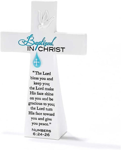 Dicksons Blue Baptized in Christ Numbers 6:24-26 White Resin Stone Table Top Cross
