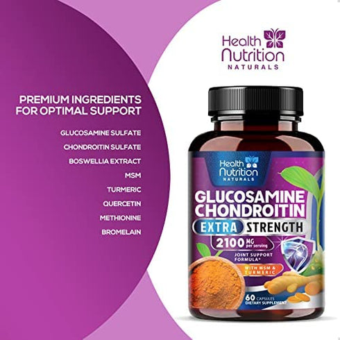 Glucosamine with Chondroitin Sulfate, Turmeric, MSM, Boswellia - Triple Strength Joint Support Supplement - Support for Joint Health and Mobility - Includes Quercetin, Bromelain - 60 Capsules