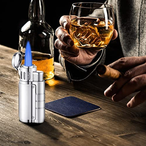 Torch Lighter, Butane Refillable Triple Jet Flame Adjustable Windproof Lighter with Puncher, Cigar Cutter and Lighter Set, Gifts for Men- Butane Gas Not Included