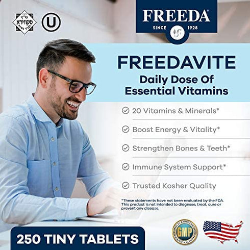 Freedavite Tiny Tablet - Moderate Multivitamin for Men and Women - Vitamin A, C, D, E, B1, B2, B6, B12, Biotin, Calcium, Zinc, Iron, Magnesium, Manganese, Copper, Selenium, Iodine - 250 Count