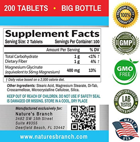 Magnesium Glycinate 400 mg - 200 Tablets - High Absorption, Non Buffered Bisglycinate Mag Supplement for Sleep, Leg Cramps, Heart, Ease Muscles, Calm Headaches for Women and Men, Non Powder Capsules