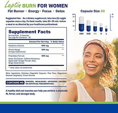 Power By Naturals Leptin Burn for Women - Appetite Suppressant, Metabolism Booster & Fat Burners for Women Weight Loss - Diet Pills That Work Fast for Women (60) Leptin Resistant Supplements