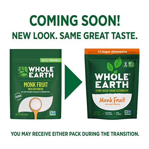 WHOLE EARTH Monk Fruit Sweetener with Erythritol, Plant-Based Sugar Alternative, 12 Ounce Pouch