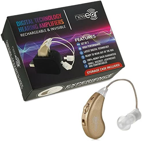 Digital Hearing Amplifiers - Rechargeable BTE Personal Sound Amplifier Pair with USB Dock - Premium Gold Behind The Ear Sound Amplification - by NewEar