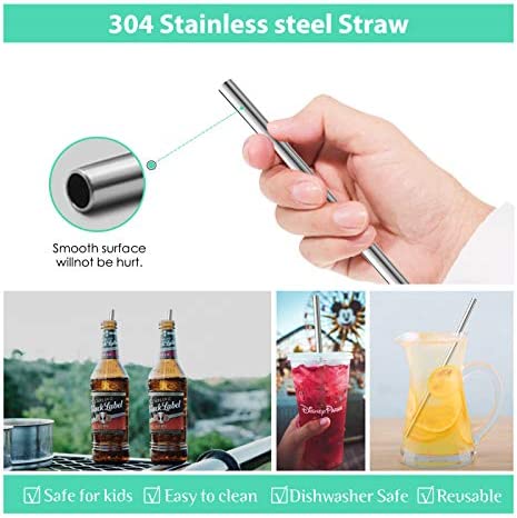 8 Piece 12 Inch Extra Long Reusable Metal Stainless Steel Thick Drinking Straws with Silicone Tips and Cleaning Brush, for Tall Tumblers 40 Ounce, Silver