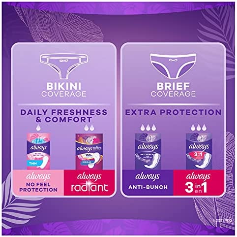 Always Anti-Bunch Xtra Protection, Panty Liners For Women, Light Absorbency, Long Length, Leakguard + Rapiddry, Unscented, 40 Count