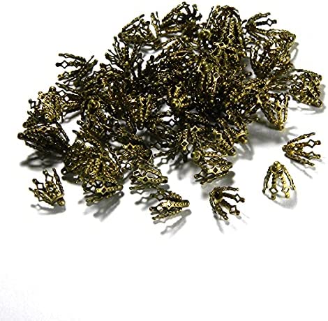 100 Big 12mm Plated Brass Bell Bead End Cap Charm Settings with Loop Ring & 7 Legs (Antique Bronze Plated)