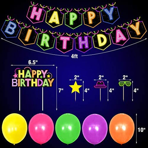Glow Birthday Party Decoration Set Glow In The Dark Happy Birthday Banner Neon Cake Cupcake Topper Teenager B-Day Party At Night Balloons Ideas Favors Supplies