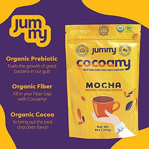 Jummy Cocoamy Organic Hot Chocolate Mix | 8 oz Vegan Hot Chocolate Mix | Kosher, Soy-Free and Gluten Free Hot Cocoa Mix | All Natural Prebiotic Chocolate Drink Mix