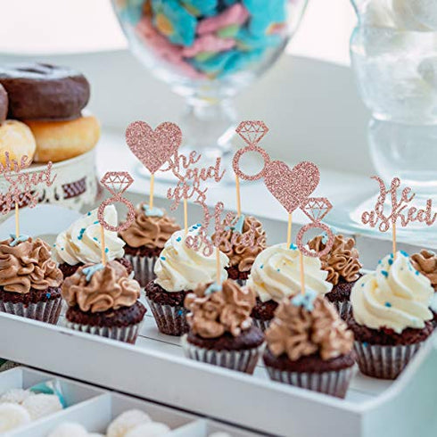 Donoter 48 Pcs Rose Gold He Asked She Said Yes Cupcake Toppers Diamond Ring Heart Cake Picks for Wedding Engagement Party Cake Decorations