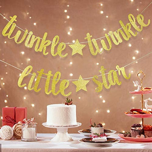 Twinkle Twinkle Little Star Banner, Twinkle Twinkle Little Star Baby Shower Birthday Party Decorations Supplies (Gold Glitter)