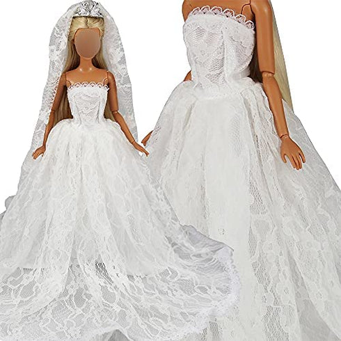BARWA White Wedding Dress with Long Veil Evening Party Princess White Lace Gown Dress for 11.5 Inch Girl Doll