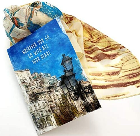 Smiling Wisdom - City Retirement Journey Goodbye Greeting Card - Wherever You Go, Go with All Your Heart Gift Set - Chiffon Viscose Scarf - Woman Coworker Grad - Tan Blue Multi-Colored