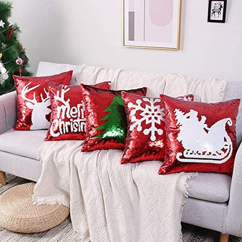 Coeufuedy Christmas Red Sequin Pillow Covers 18" x 18" Reversible Decorative Throw Pillows Sequins Pillow Case Magic Mermaid Pillowcase
