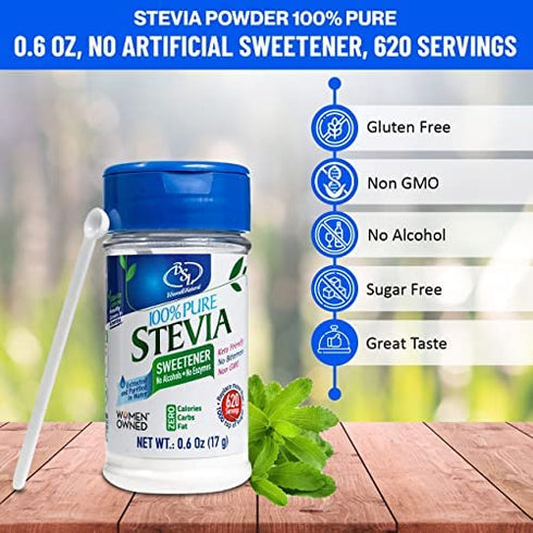 Stevia Powder 100% Pure, 0.6 Oz, No Artificial Sweetener, 620 Servings | Stevia Green Leaf Extract | Zero Calorie & Keto Friendly, Pure Stevia Powder